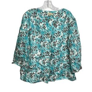 Choices Women's Blue & Brown Button Up 100% Linen Cardigan Jacket Blazer Size XL